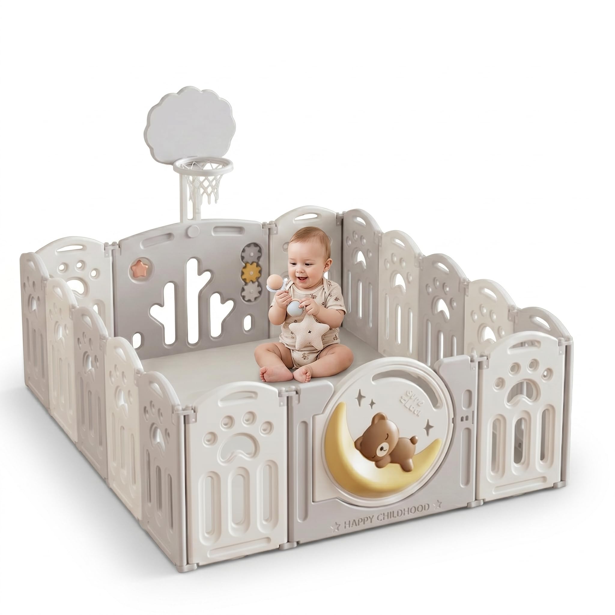 Parque Infantil 180x150cm Corralito para Juegos de Bebe Plegable con Puerta LED y Canasta con 20 Bolas y Paneles de Seguridad HDPE Sin BPA Parque Bebé Interior y Exterior Oso Luna Desarrollo Gateo