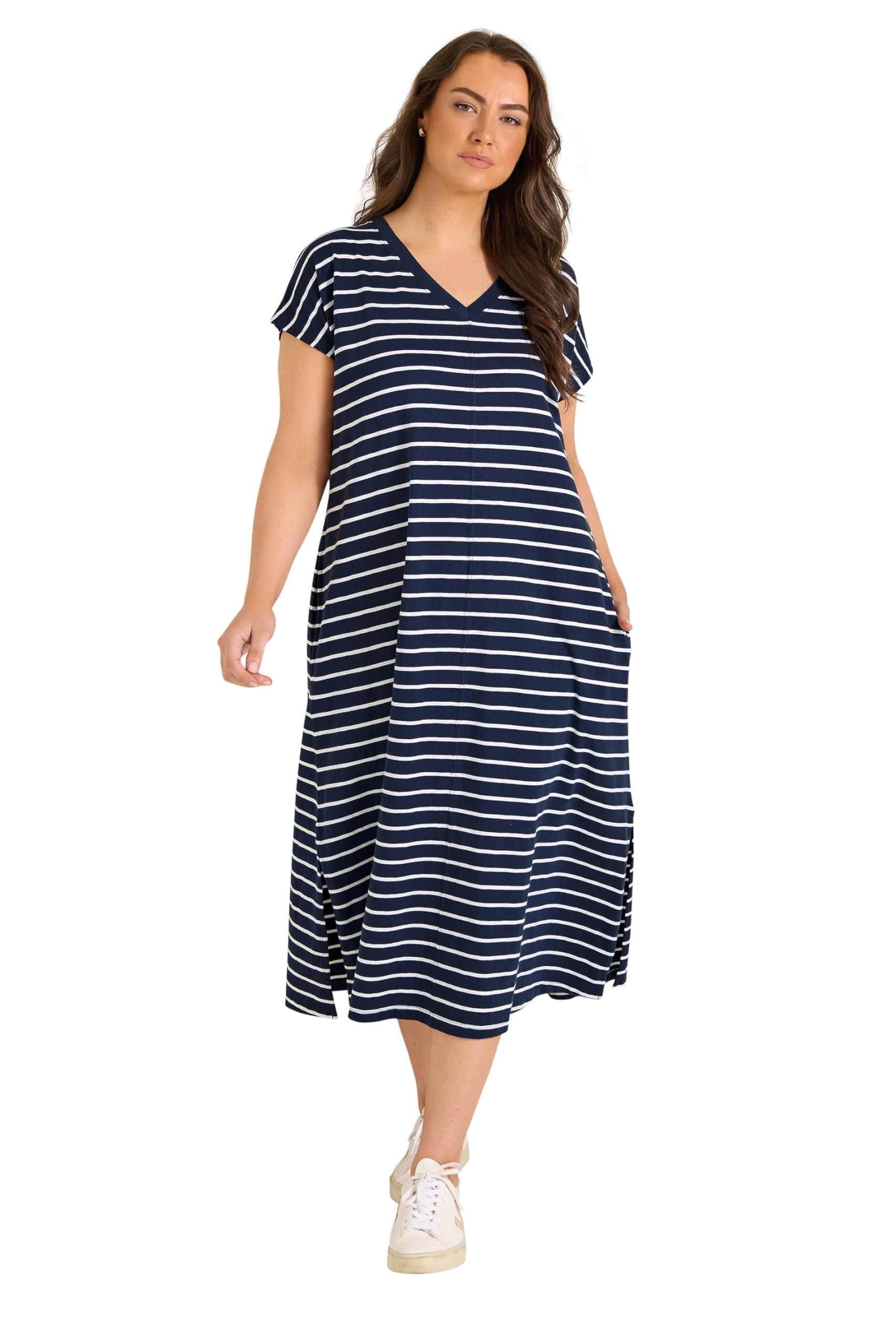 Evans Women's Navy Curve Blue Stripe Premium Cotton Dress - Plus Size Curve