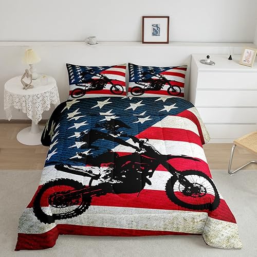 Erosebridal Juego de ropa de cama con la bandera de Estados Unidos, juego de edredón de motocross rider, motocross y moto de cross, relleno de