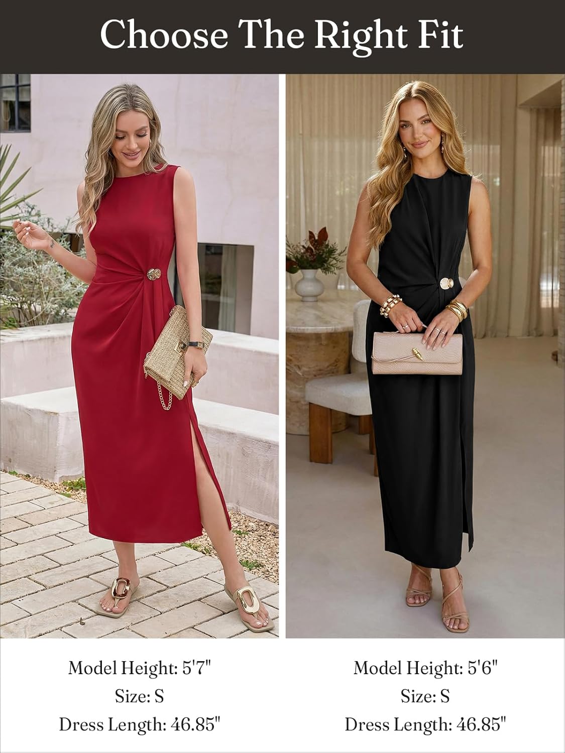 Wenrine Womens Sleeveless Ruched Maxi Dress Summer Casual Crewneck High Slit Back Zipper Long Dresses - Image 6