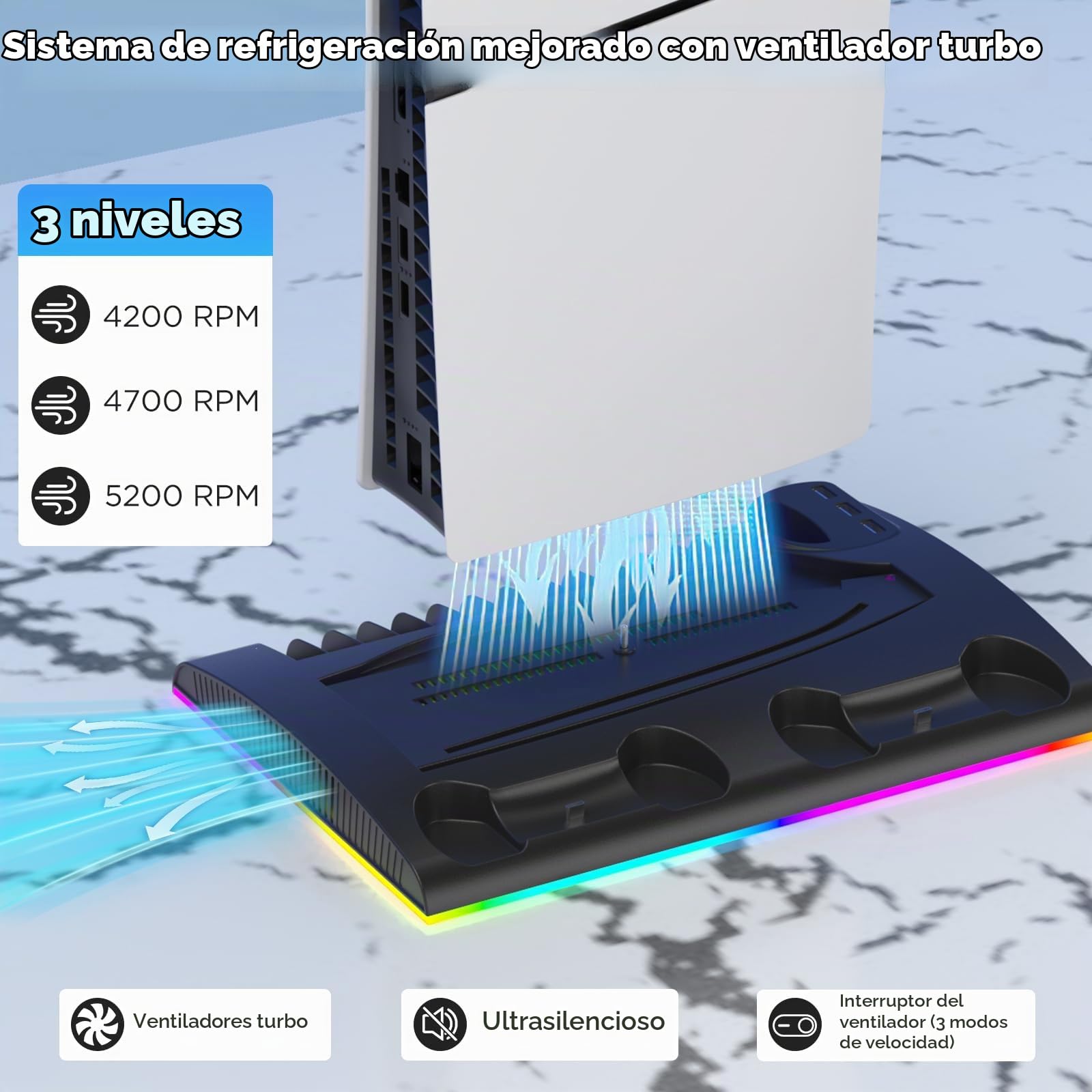 Soporte para PS5 Slim con Ventilador de 3 Velocidades, Cargador para Mando con Luz LED, Base Soporte Vertical con 3 Puertos USB y Ranuras para 13 Juegos PS5
