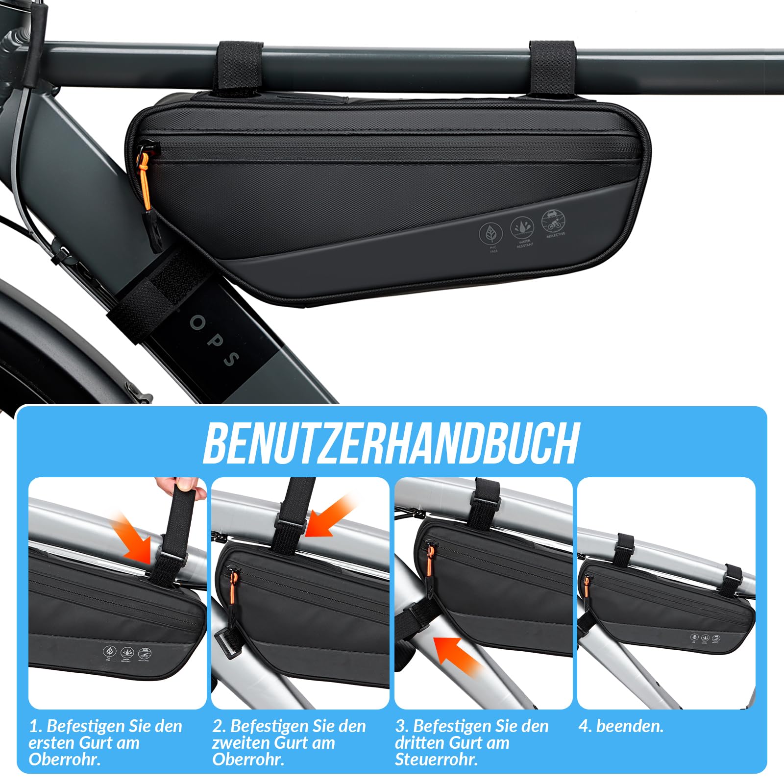WOTOW Fahrradrahmentasche Dreiecktasche - 1,8 L wasserdichte Fahrradtasche mit Seitentasche, reflektierende Fahrradwerkzeugtasche 30 * 11,5 * 5,7 cm