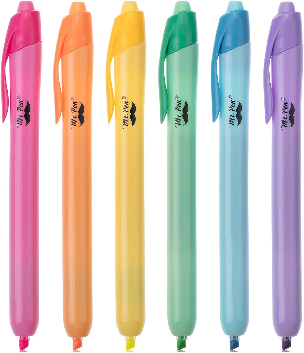Retractable Highlighters, 6 Pack, Bright Colors | Chisel Tip Highlighter Marker Set, Click Highlighter Markers for Classroom, Journaling, Study Supplies