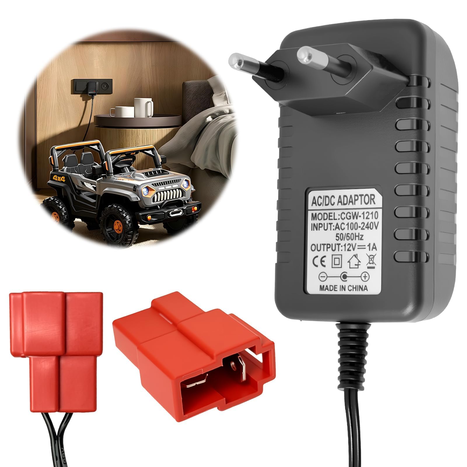 Cargador de Batería 12V para Vehículos Eléctricos Infantiles con Indicador LED Seguro Compatible con Coches de Juguete Moto ATV SUV Conector Cuadrado Compatible con BMX X6, Kid TRAX GMC, Wal-Mart, Mot