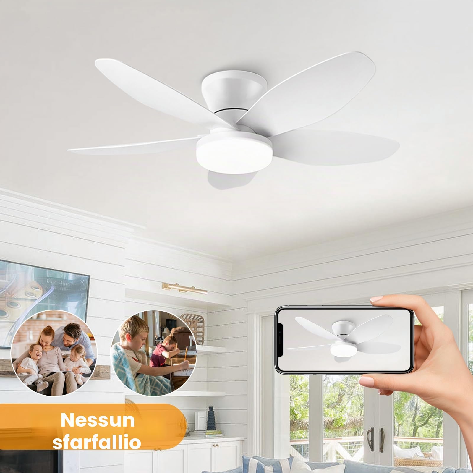 Ventilatore Pale Da Soffitto Con Luce E Telecomando, Silenzioso 5 Pale Lampadario Con Ventola, Dimmerabile LED Plafoniera Ventilatore Per Camera Da Letto, Cucina, Soggiorno-Black+WoodGrain||42in