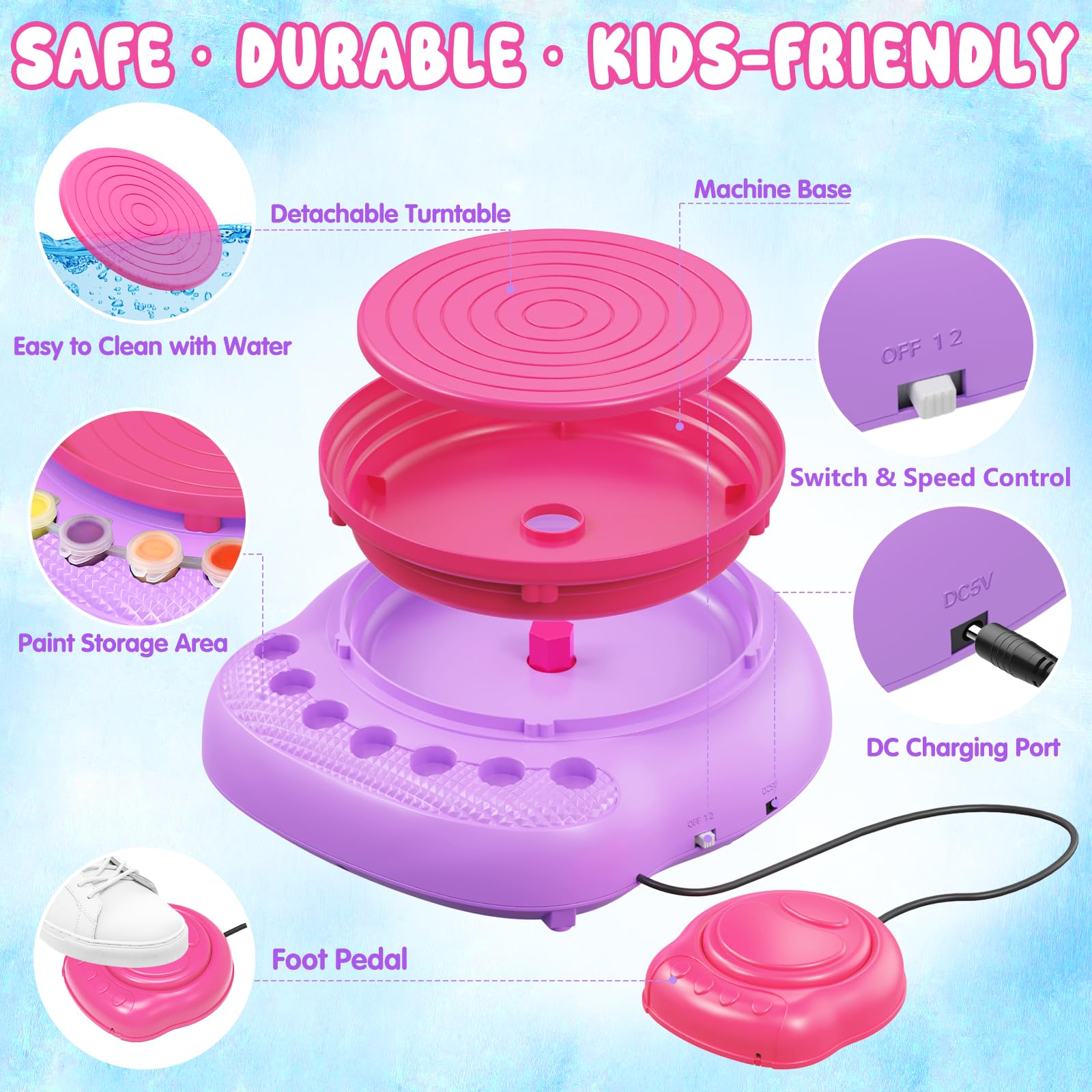 Töpferscheibe Kinder elektrisch,Töpferset 6-12 Jahre mit Ton | Komplettes DIY-Bastelset mit 3x lufttrocknendem Ton, 14 Farben, Fußpedal & USB – kreatives Geschenk für Mädchen und Jungen