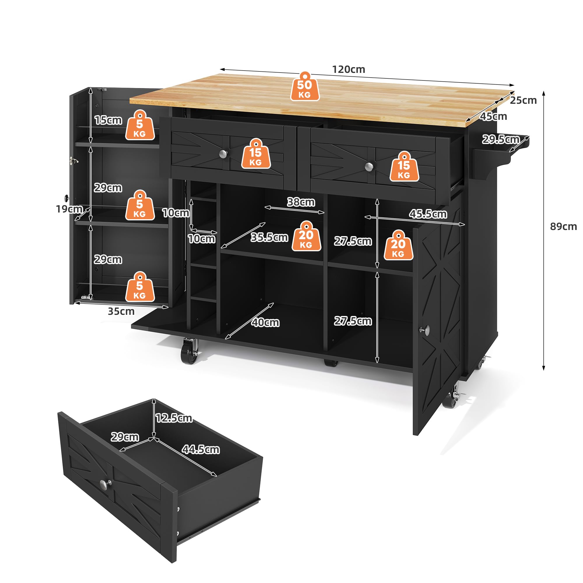 Generisch Isla de cocina plegable con ruedas, espacio de almacenamiento, color negro, 120 x 70 x 89 cm