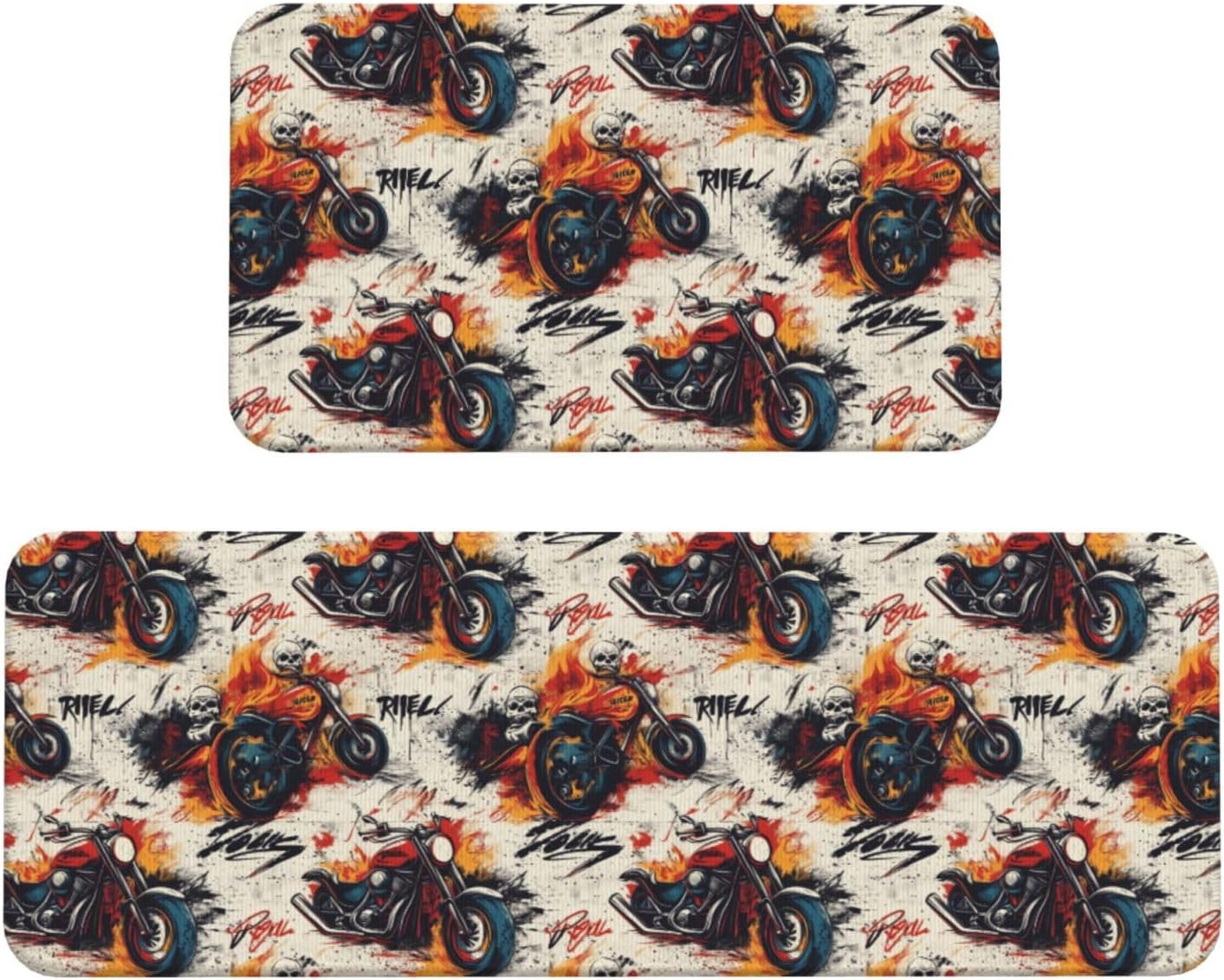 Cool Skull Motorcycle Print Kitchen Rugs Sets of 2 Non Slip Washable, Anti Fatigue Kitchen Mats for Floor, Home Decor
