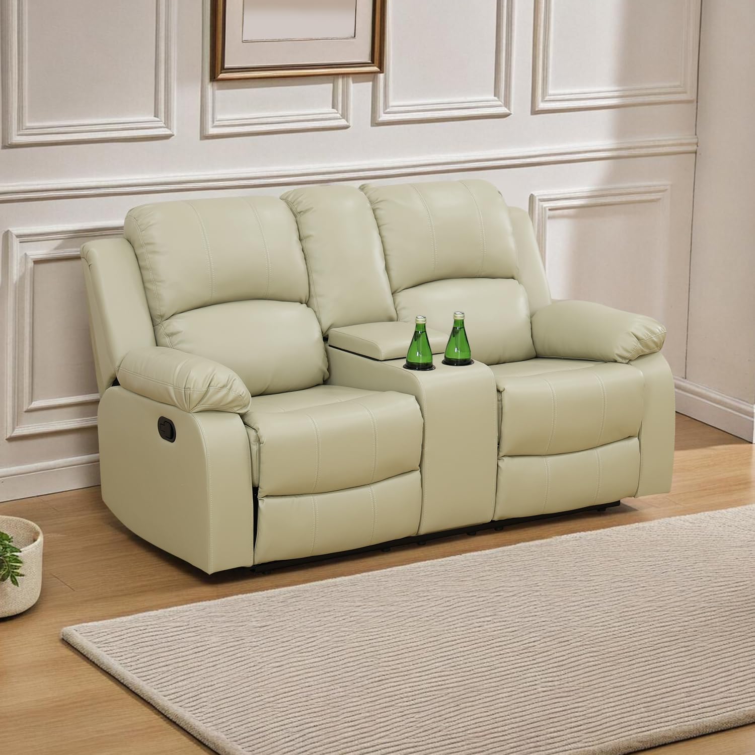 Leather Recliner Sofa，Reclining Loveseat for Living Room Furniture Sets, Beige Double Recliner Loveseat for Living Room/Office/Theater Seating/Rv(2 Seater Couch)