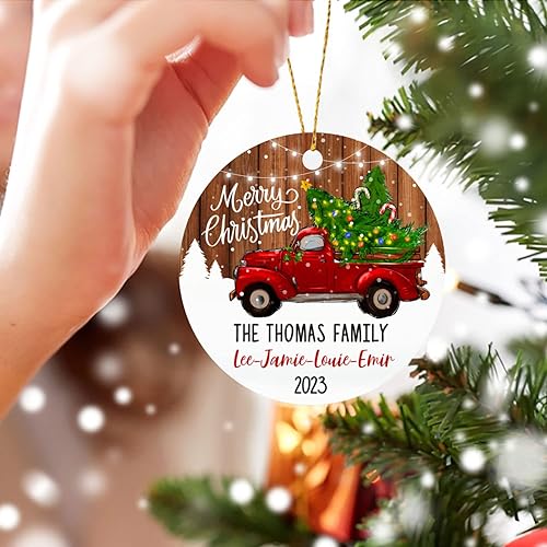 Vista 3 de Adornos de Navidad, adorno de árbol de Navidad de camión rojo, adorno de Navidad personalizado de camión rojo, adorno de Navidad de Feliz Navidad