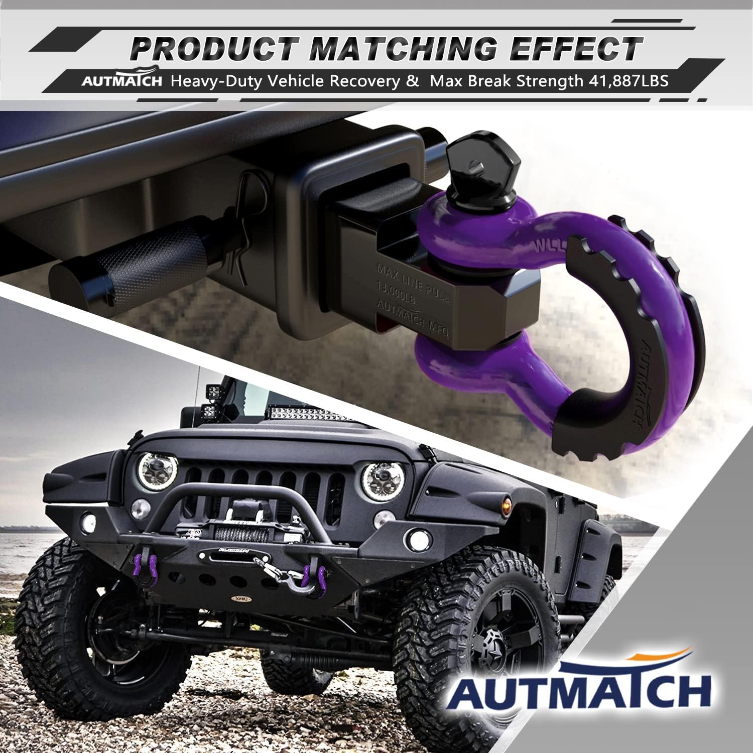 AUTMATCH 3/4" D Ring Shackle with Shackle Isolator & Washers Kit, Winch Cable Hook Stopper and Silicone Rubber Shock Absorbent Winch Stopper for Jeep Tow Strap Winch Off Road Vehicle Recovery, Purple