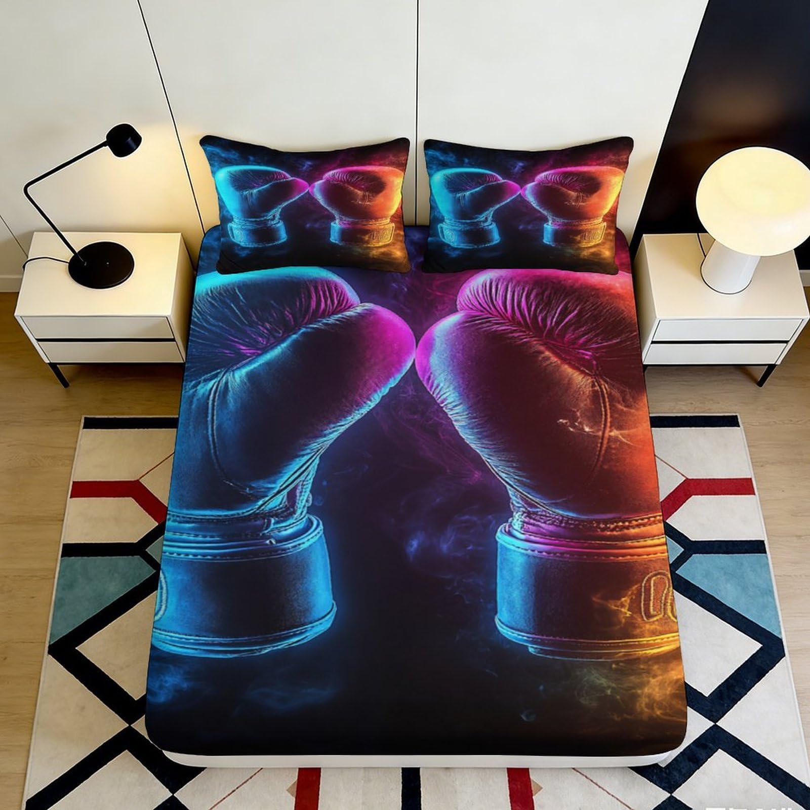 3D Printed Neon Boxing Gloves Fitted Sheet Microfiber Vibrant Bedroom Decor Bed Cover for Home Guest Room Dorm 90x200x25cm