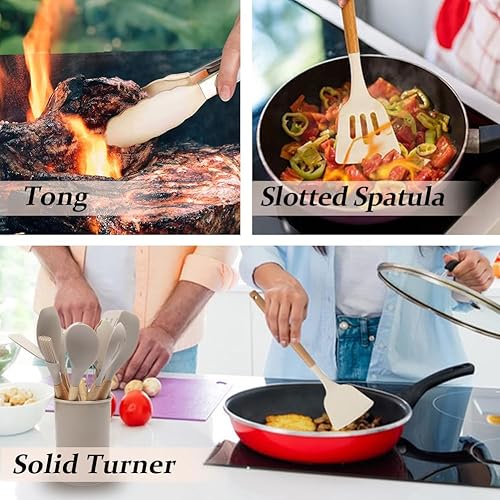 Miniatura 5 de Juego de 12 utensilios de cocina de silicona, con mango de madera, resistentes al calor, antiadherentes, espátula, cuchara y cubo de almacenamiento