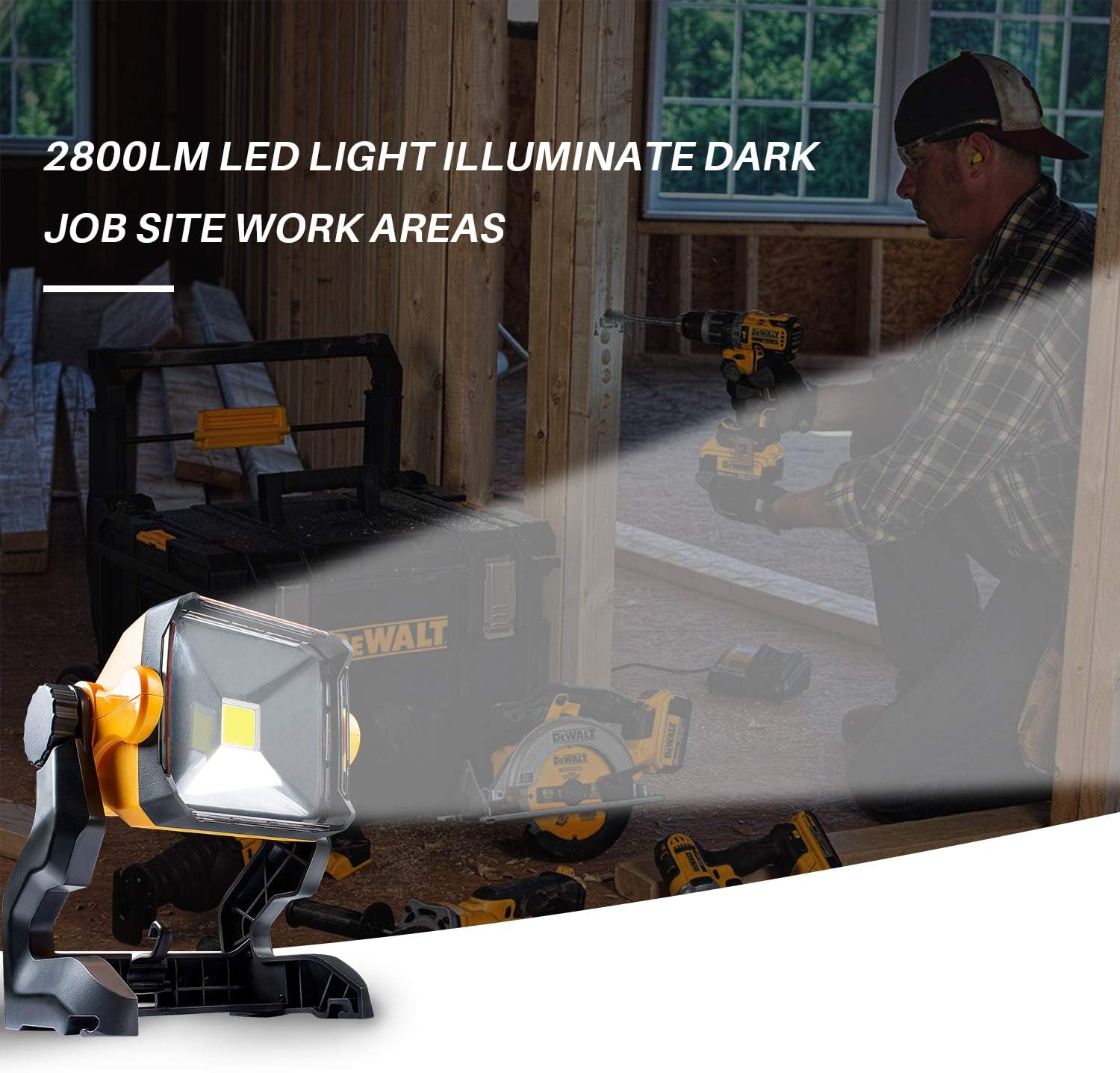Girapow LED Work Light, 2800LM Super Bright Cordless/Corded Flood Light, Compatible with Dewalt 20V 60V, Makita 18V, Ryobi 18V Lithium Battery, for Job Site Workshop Attic (Tool Only)