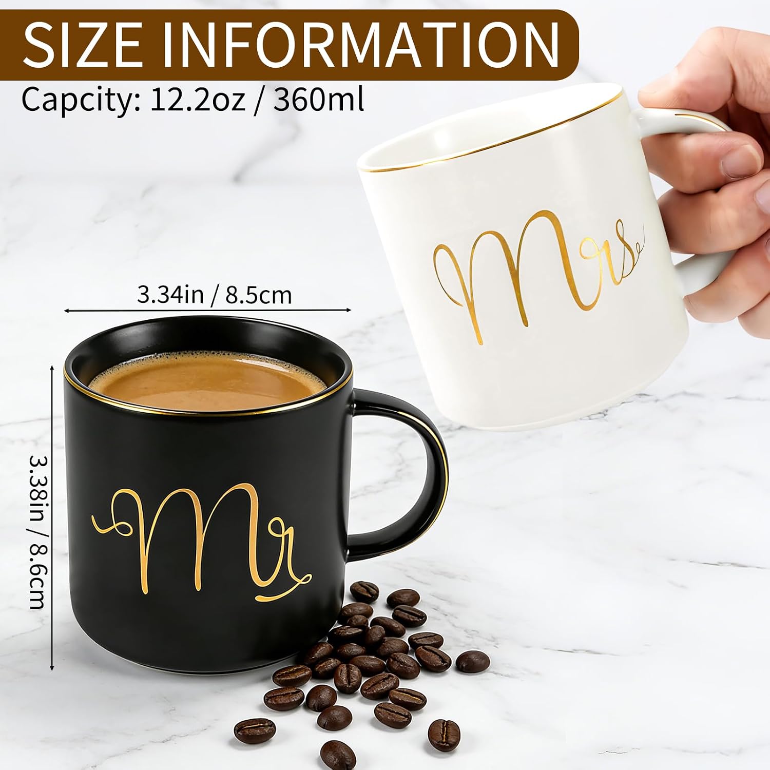 Cheardia 12 oz / 360 ml Mr and Mrs Mugs, Ceramic Coffee Mug Set Engagement Gifts for Couples, His and Hers Mugs for Bride and Groom, Anniversary, Valentines, Bridal Shower, Wedding, Black & White