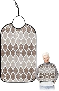Retro Brown Adult Bib for Eating with Crumb Catcher,Washable & Waterproof Terry Cloth Adjustable Elderly Women Men Adult Bibs Funny Clothing Protector Abstract Geometric Middle Century Ombre Plaid