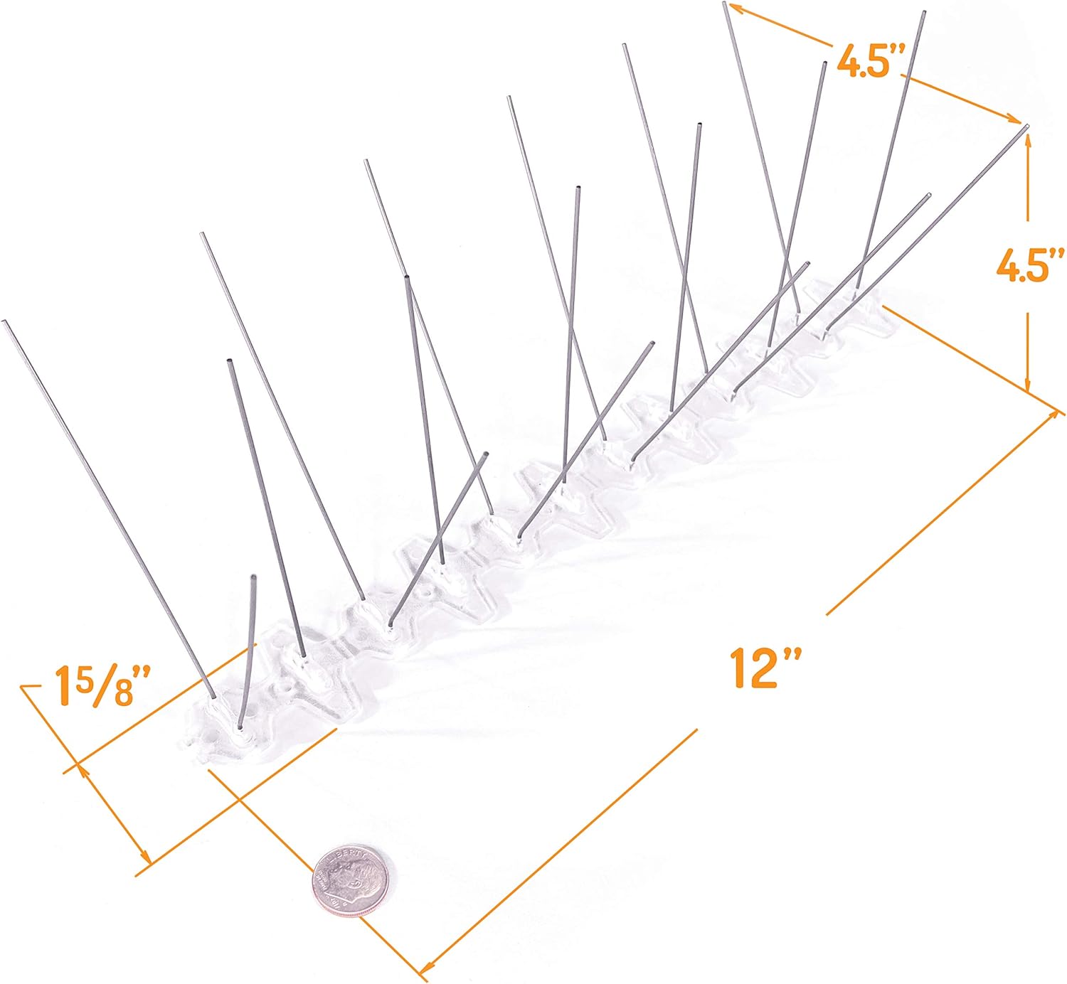 Bird Barrier Bird-Flite Stainless Steel Bird Spikes | Metal Pins Strips with Plastic Base, Clear Glue Adhesive Included - Wide (5in) - 5 Ft. Length