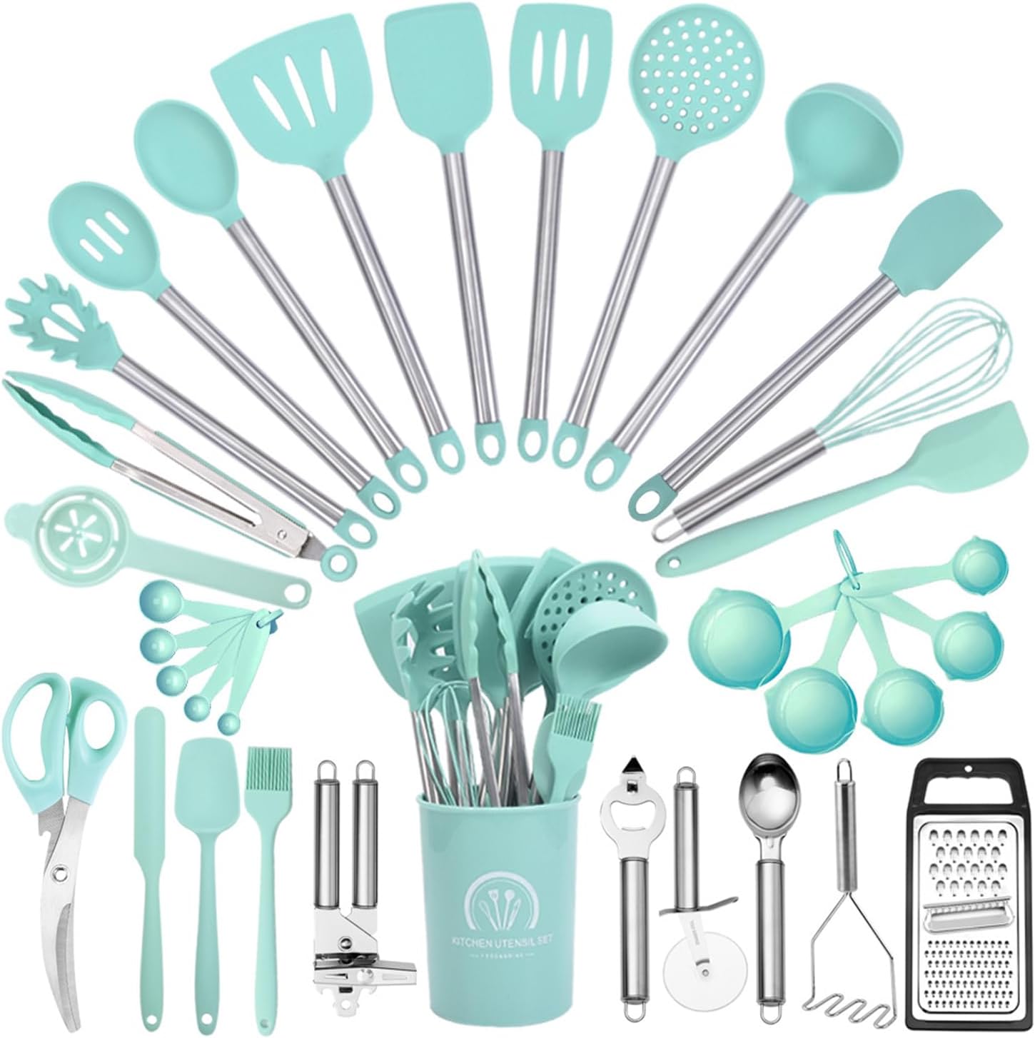 34Pcs Silicone Cooking Utensils Set Heat Resistant Dishwasher Safe Kitchenware Utensils Spatulas Set with Stainless Steel Handle Kitchen Gadgets Set for Nonstick Cookware Dishwasher Safe,Green