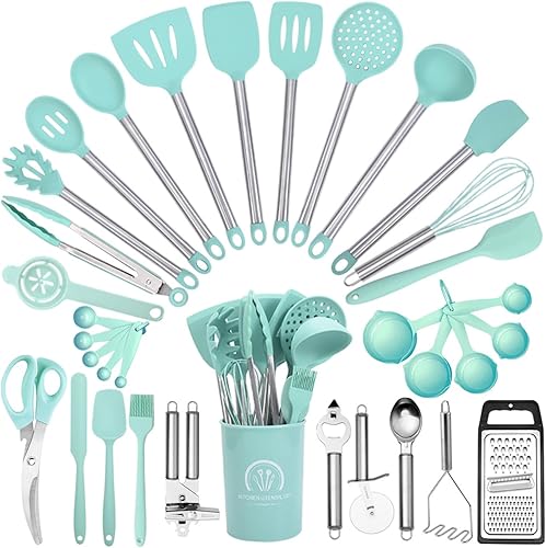 Miniatura 12 de Juego de 34 utensilios de cocina de silicona, resistentes al calor, aptos para lavavajillas, juego de espátulas con mango de acero inoxidable,