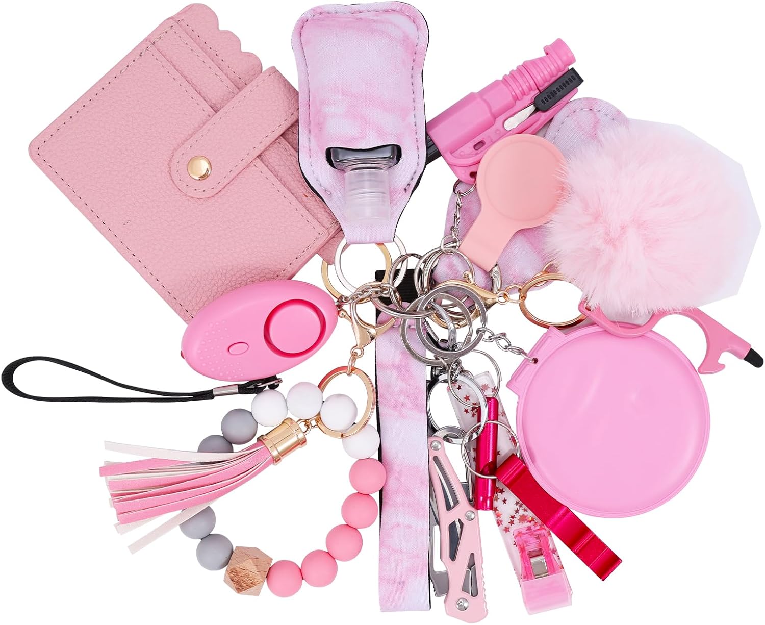 Upgraded Safety Keychain Set for Women, Wristlet Strap Keychain with Personal Alarms, Mirror, Pom Pom, etc. (18PCS) - Image 9