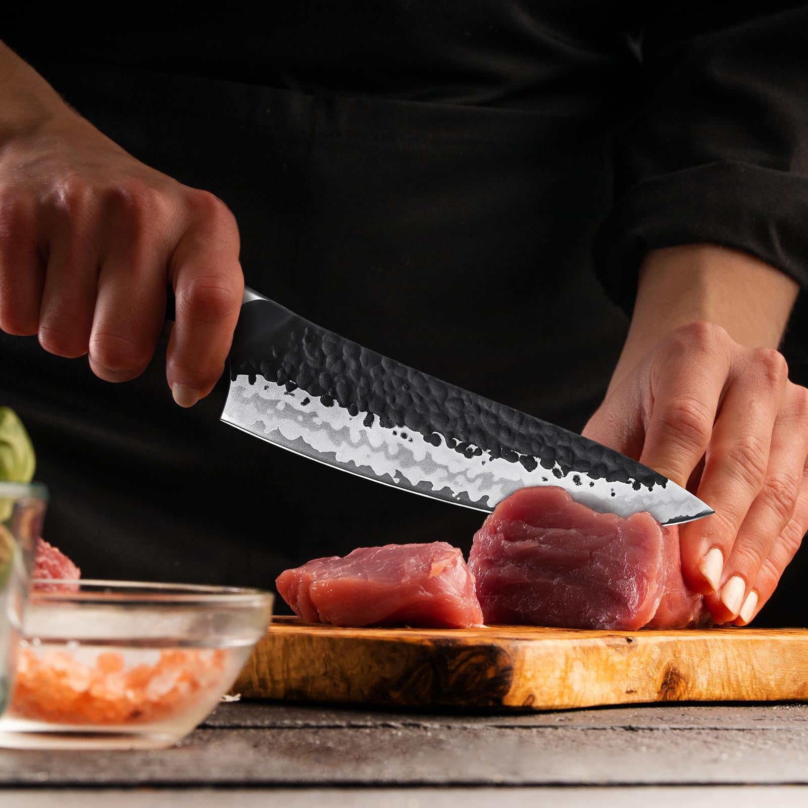 SHAN ZU Set di Coltelli da Cucina Forgiati a Mano,Set di Coltelli Giapponesi da 7 Pezzi con Ceppo Coltelli,Coltello da Chef in Acciaio 10Cr15MOV (7 Strati),Manico in Legno di Acero