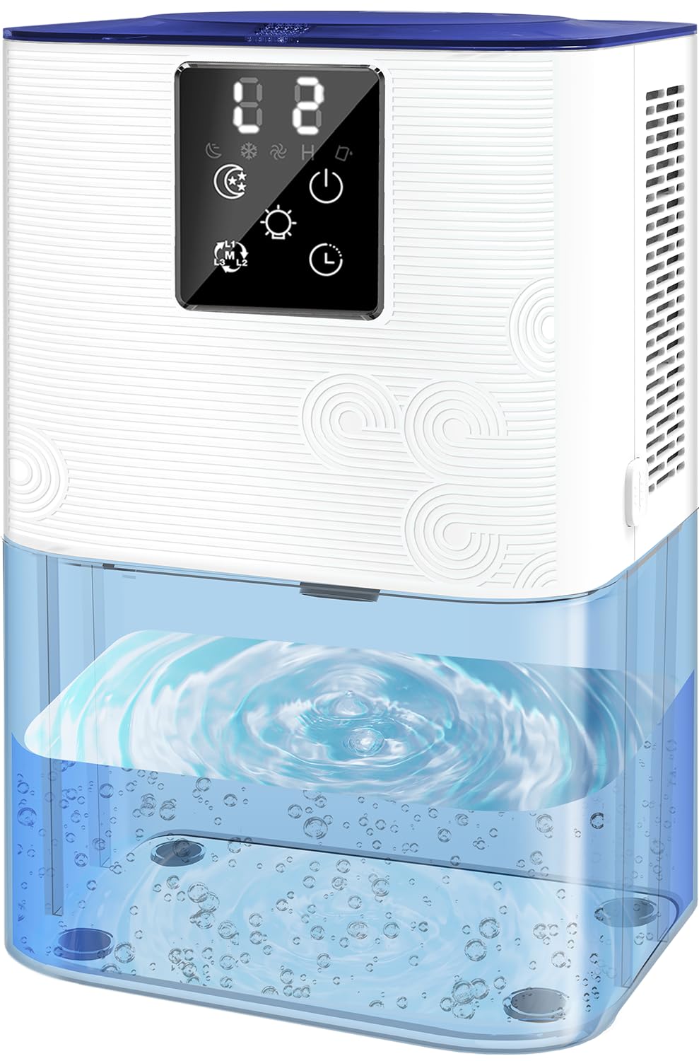 Photo 1 of MTOX Dehumidifier, 3L/105oz Water Tank, 1100ml/Day, Dehumidifier for Bathroom Bedroom Basement RV, Quiet 28dB Sleep Mode, Auto Shut-Off, Auto Defrost, 7-Color LED Light, Digital Display (Blue White)