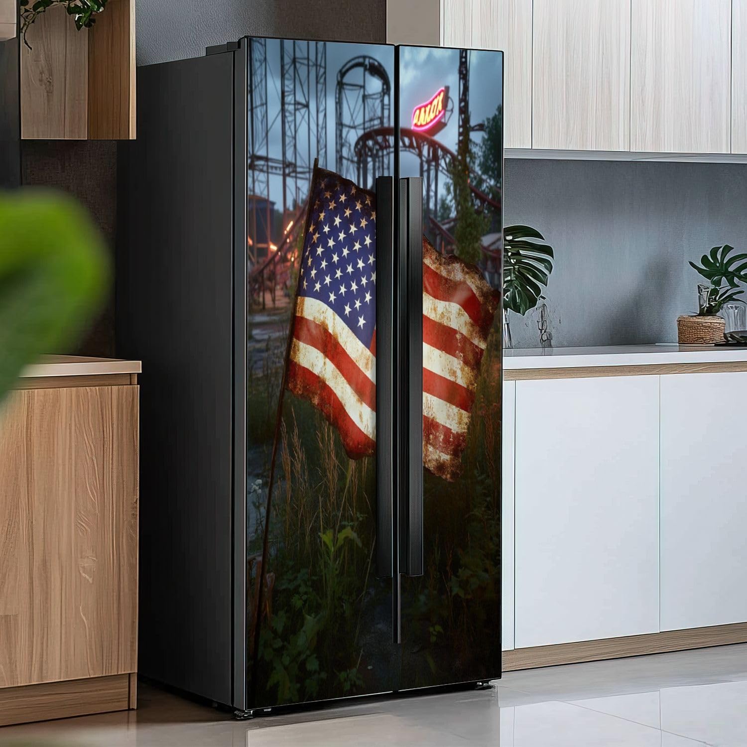 Self Adhesive Vinyl Refrigerator Wrap Set Haunting Art Old American Flag Abandoned Amusement Park Self Stick Door Mural Sticker Removable Refrigerator Wrap Decal Kitchen Bar Decor