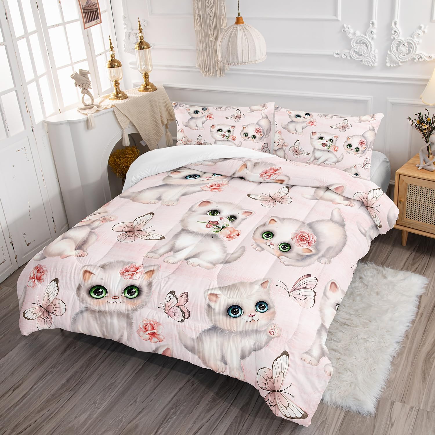 Kids Bedding Twin Cartoon Cat Comforter 3 Pieces Pink White Cat Butterflies Comforter Set for Teens Kids Boys Girls Adults Kawaii Flower Quilt with 1 Comforter and 2 Pillowcases