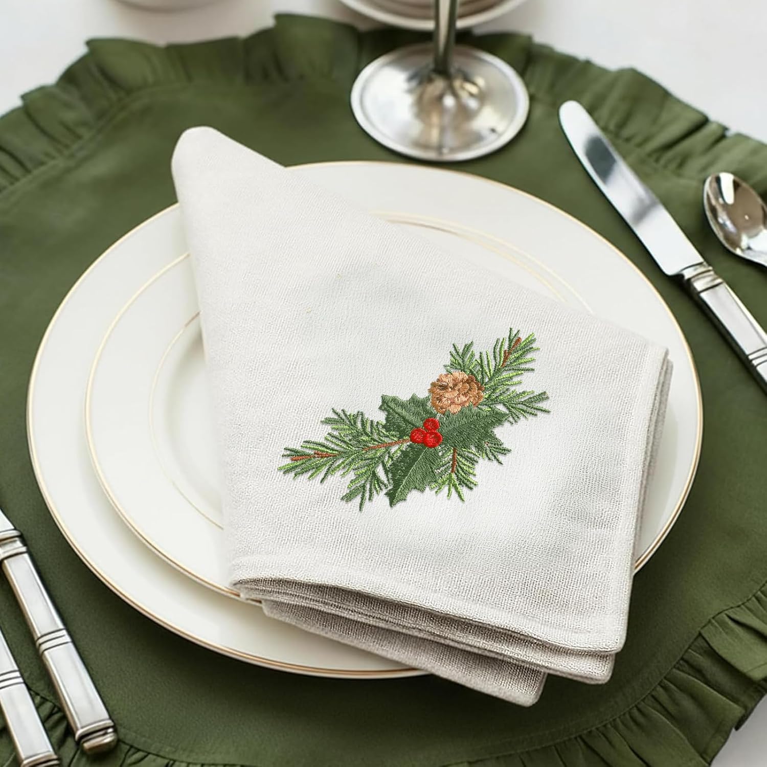 Newwiee Christmas Linen Napkin Set of 4 100% Linen Cloth 20 Inch Christmas Holly Pine Embroidered Napkin Square Dinner Serviette Soft & Durable Holiday Table Decor Xmas Wedding Cocktail Party Supply
