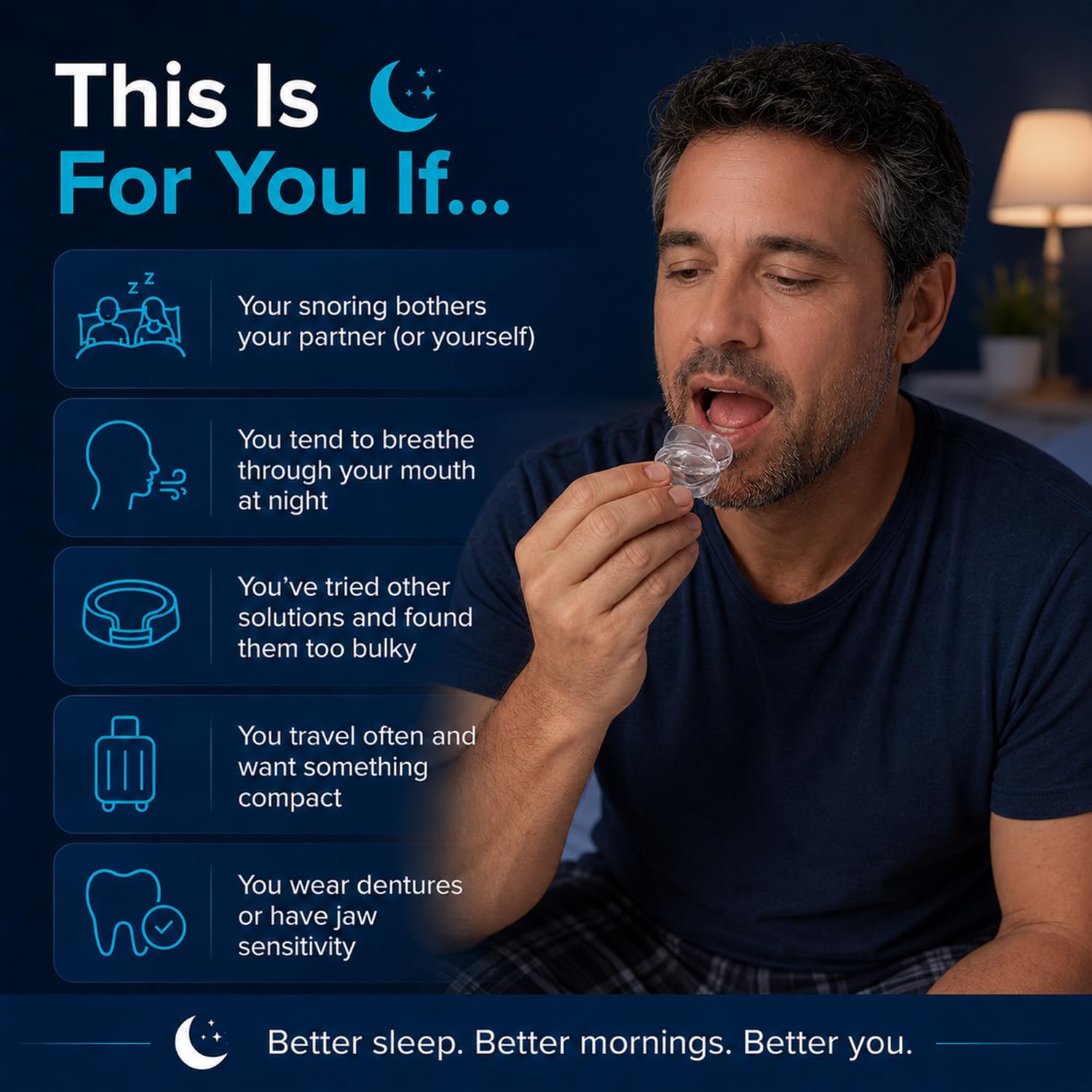 Tongue Stabilizing Device Mouthpiece – Reusable BPA-Free Tongue Retainer for Quiet Restful Sleep, Soft Silicone Anti-Snoring Device, Custom-Fit for Men & Women, Includes Travel Case (Clear)