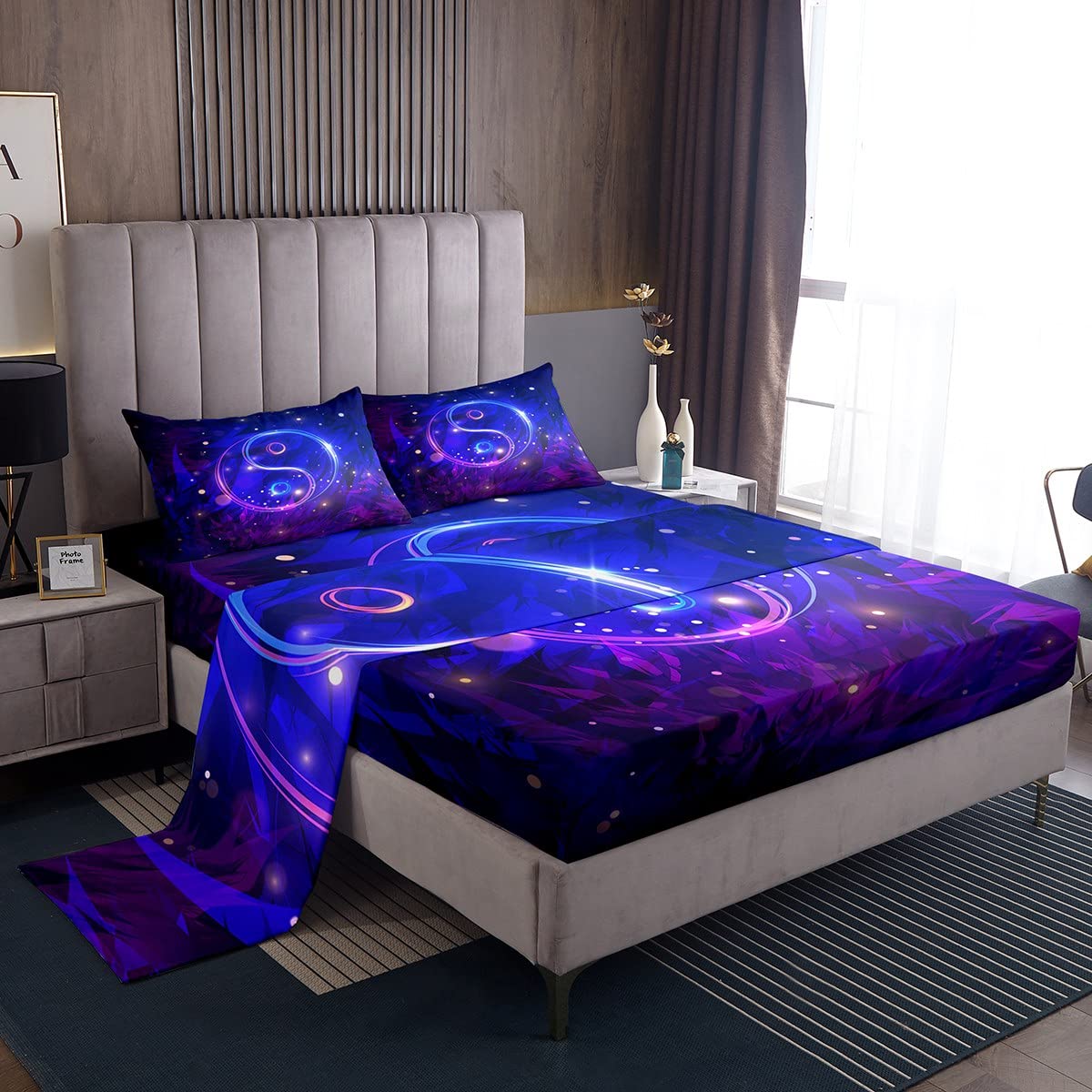Yin Yang Sheet Set Boho Trippy Sheets with Deep Pocket Fitted Sheet for Tradition Pattern Bed Sheets Set Breathable Psychedelic Peace Sign Bedding Set Traditional Ying Yang Theme Bed Set King