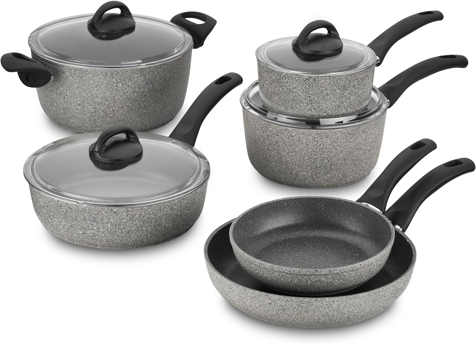 BALLARINI Parma by HENCKELS 10-pc Nonstick Pot and Pan Set, Made in Italy, Set includes fry pans, saucepans, sauté pan and Dutch oven with lid,Gray