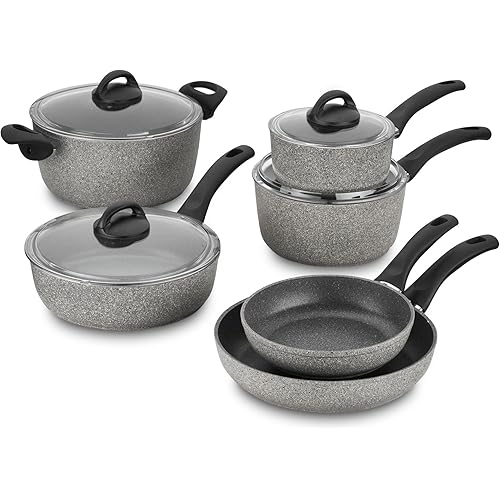 BALLARINI Parma by HENCKELS 10-pc Nonstick Pot and Pan Set, Made in Italy, Set includes fry pans, saucepans, sauté pan and Dutch oven with lid,Gray