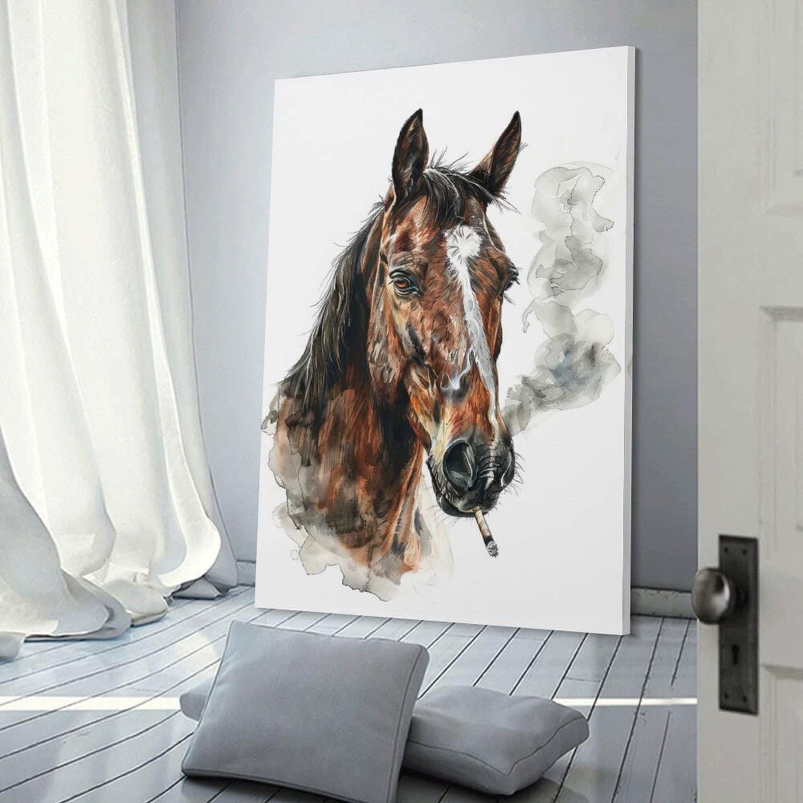 Junmoney Wall Decor Canvas Print Horse Smoking Cigarette, 20x30inch(50x75cm), for Study, Office Or Focused Interiors, Wall Art That Adds Style to Work Areas