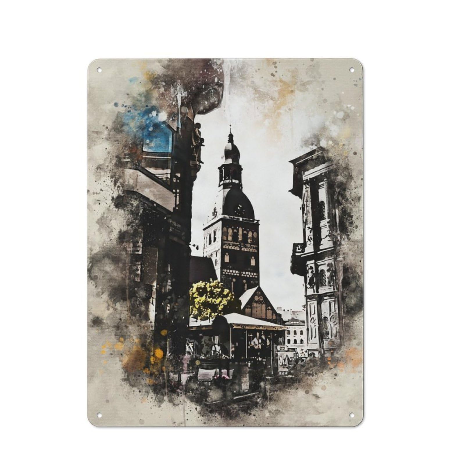 Junmoney Riga Latvia Watercolor Rustic Tin Sign 40X30cm For Café Or Restaurant, A Decorative Christmas Gift For Hospitality Interior Collectors