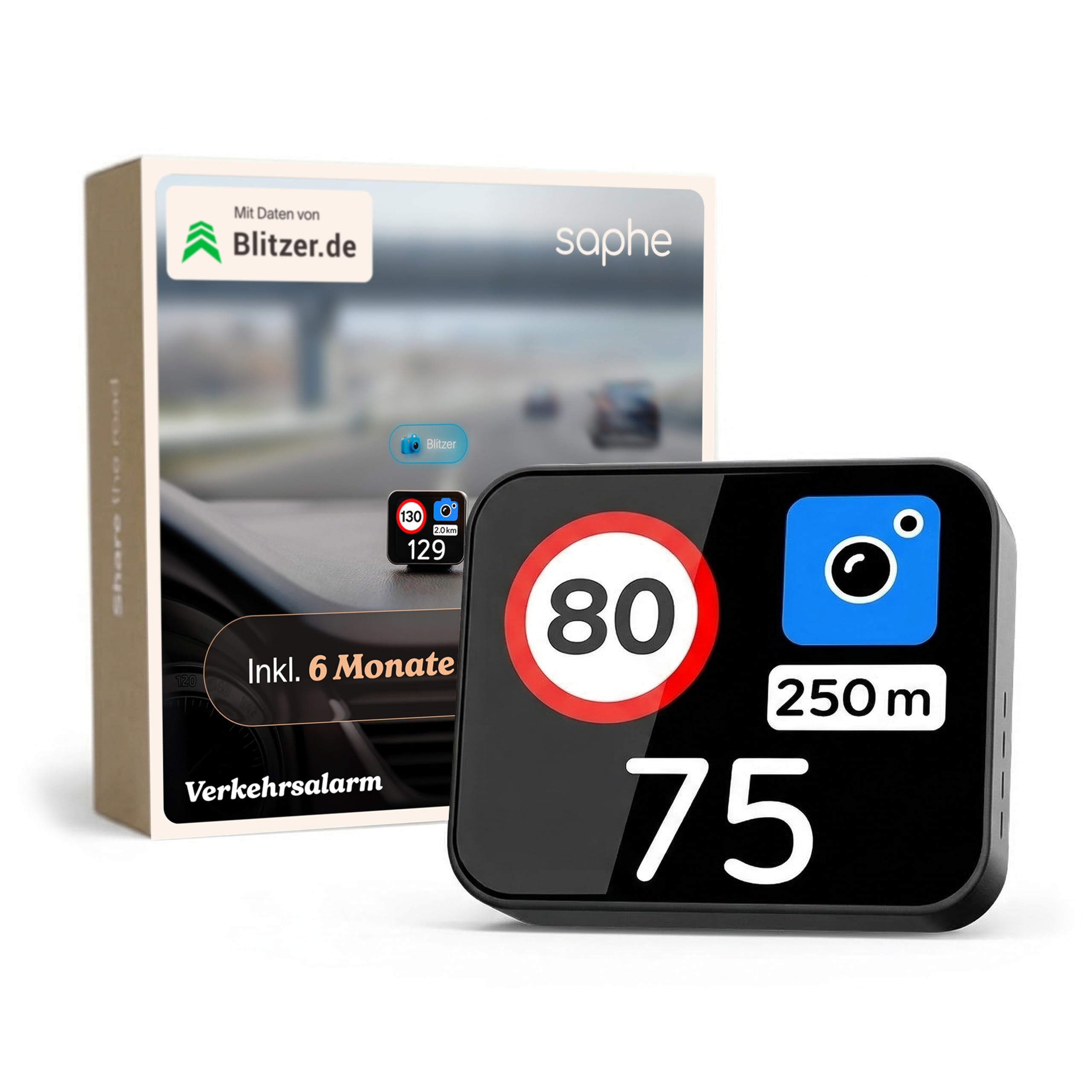 Saphe T Blitzerwarner für das Auto mit Touchscreen, CarPlay & Android, warnt vor Radarfallen und Gefahren, ideales Auto Zubehör, Einfache Magnetmontage – inkl. 6 Monate ABO