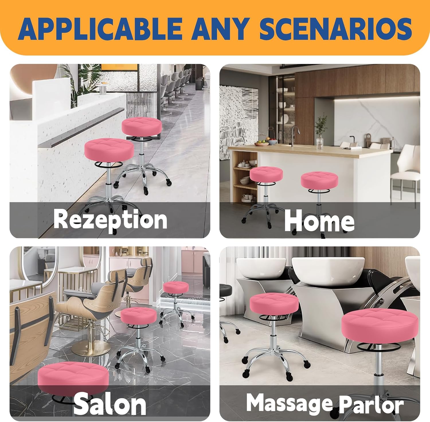 YEEZEE Rolling Stool Heavy Duty 400lb: Super Soft Leather Seat Cushion, 360 Swivel, Height Adjustable 19.7"-25.3", No Squeaky Noises, No Tip Over, Salon & Spa Stool, Pink