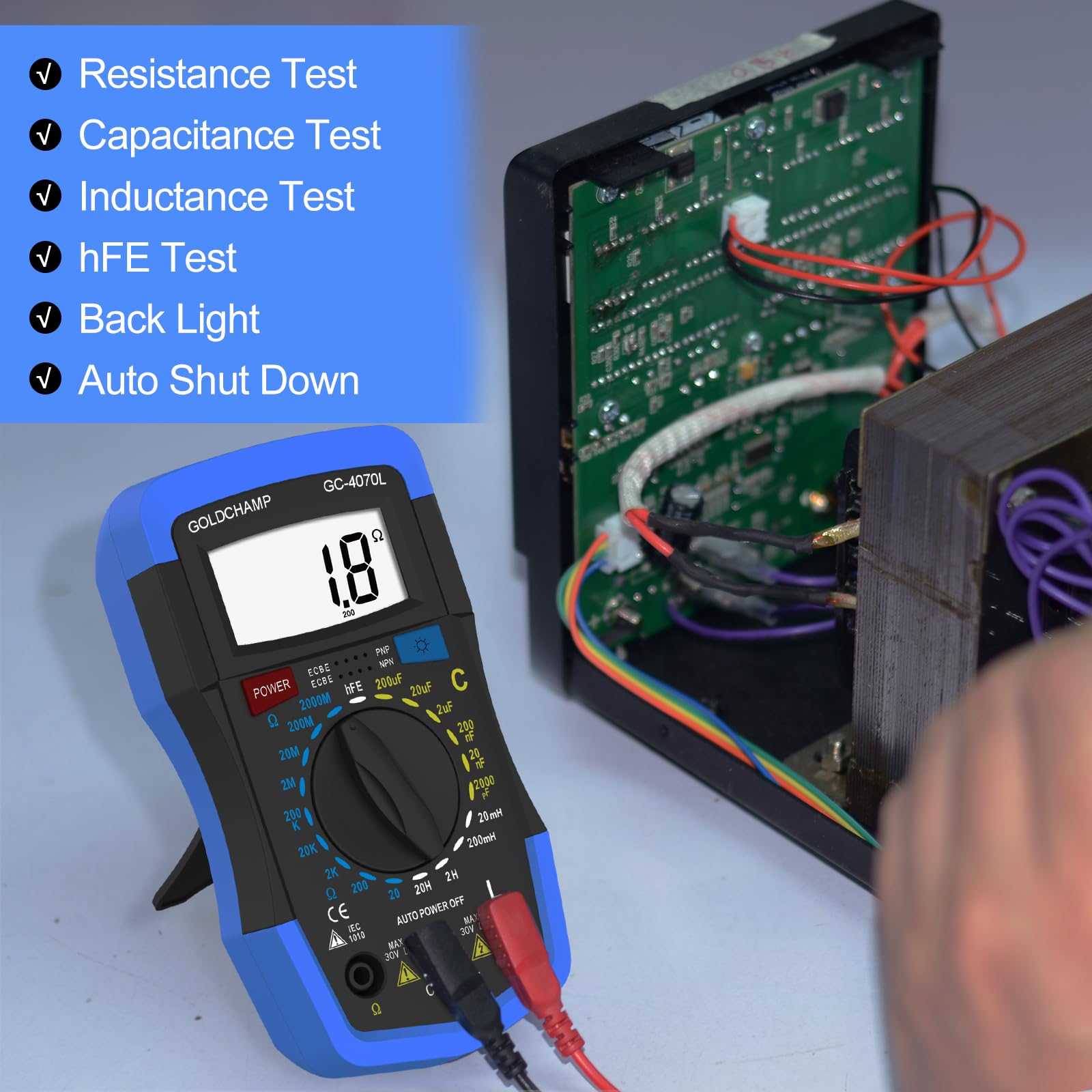 Electrical Test Kit, 2000pF~200?F Capacitor Tester Socket Tester Non-Contact Test Pencil with Multi-Function Circuit Detection, Manual Range, Back Light, Auto Power Off, Testing Meter Tool