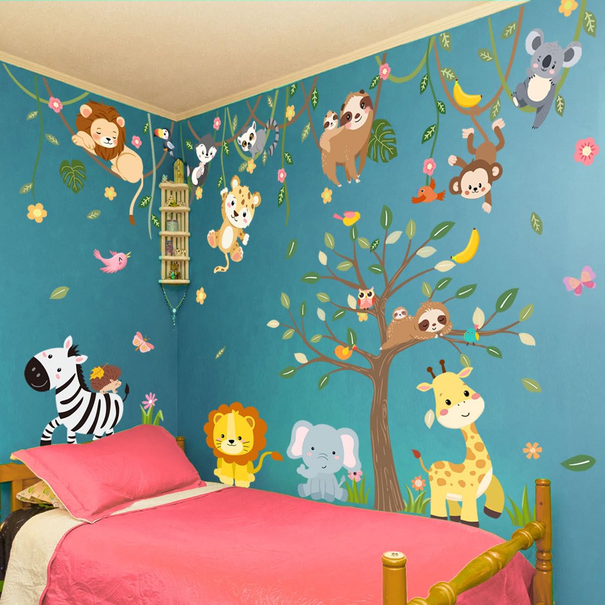 iMagitek Grands autocollants muraux animaux de la jungle animaux de safari escalade arbres autocollants muraux éléphant, girafe, lion, paresseux safari, autocollants muraux pour chambre d'enfant,