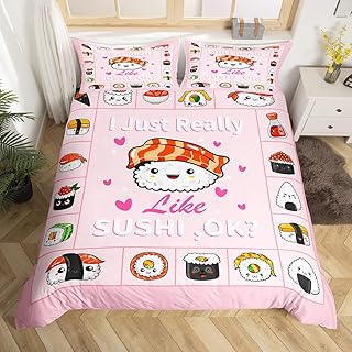 Sushi Bedding Set Twin Size,Cartoon Sushi Food Duvet Cover Set 2Pcs,Japanese Style Delicious Food Comforter Cover for Kids Girls Boys Teens Room Decor Patchwork Plaid Pink Quilt Cover,1 Pillowcase