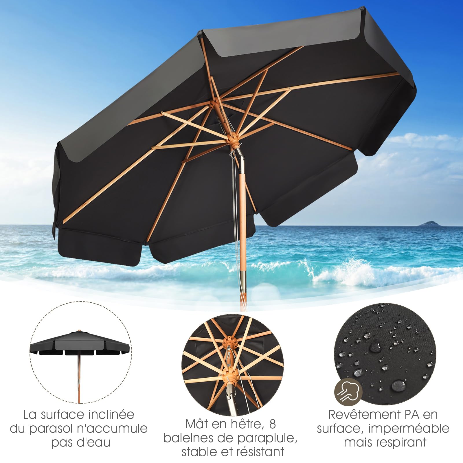 GOPLUS Parasol de Jardin Exterieur 3x3M, Parasol Inclinable de Balcon avec 8 Baleines en Bois, Tissu Anti-UV, avec Lambrequin pour Terrasse Patio Restaurant (Gris)