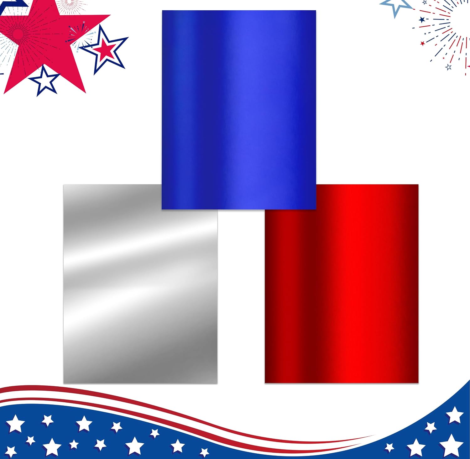 Gift Boutique Patriotic 4th of July Foil Cardstock Paper 36 Pcs Red Blue Silver Metallic Sheets 8.5 x 11 Inch Craft Paper for DIY Decorations