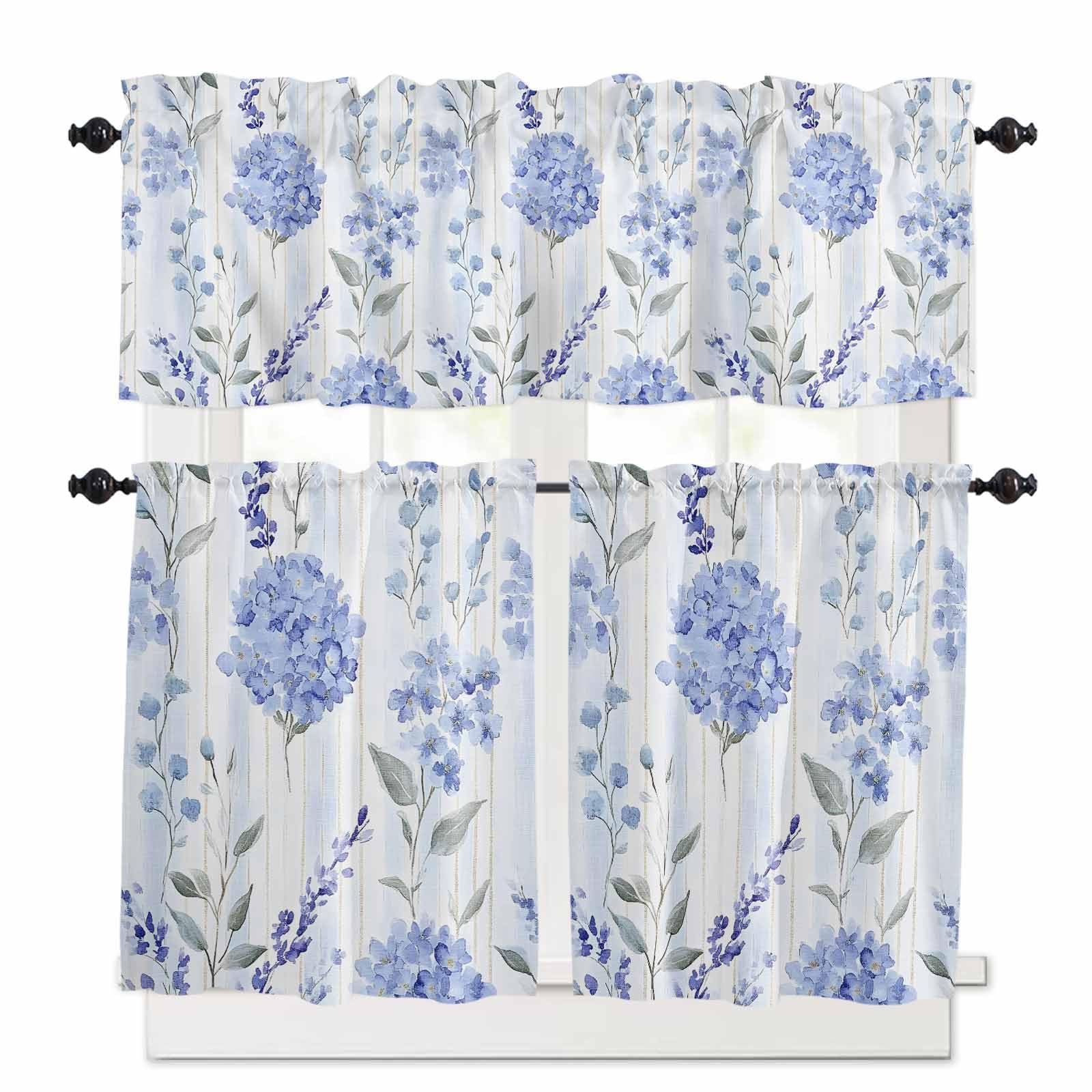 Hydrangea Leaves Kitchen Curtains 36 Inch Length, 3 Piece Rod Pocket Small Half Tiers and Valance Set, Blue Striped Botanical Floral Small Large Window Treatment Decor for Bedroom/Bathroom Sink