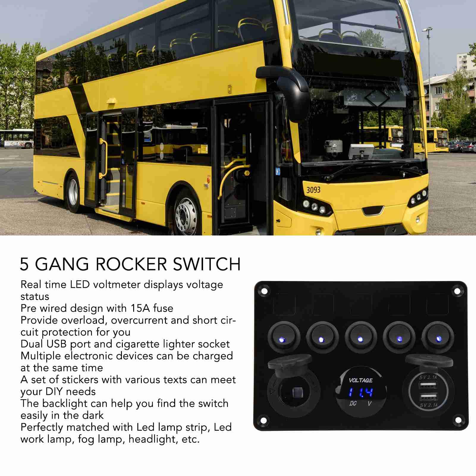 Panel przełączników 5-krotnych lvifloae 12-24 V, panel przełączników LED łodzi morskiej z woltomierzem cyfrowym, podwójna zapalniczka USB do przyczepy RV Truck (Zielony)