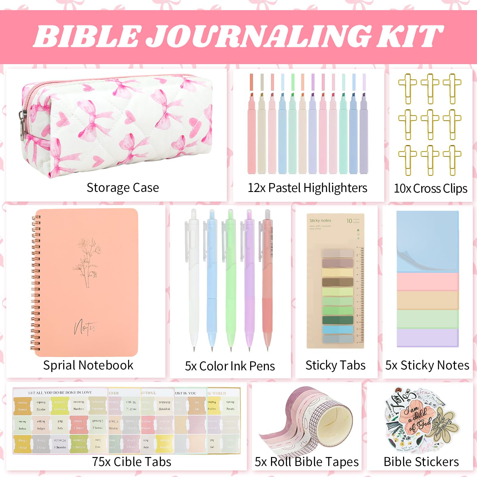 DRANSMIC Kit de diario de suministros de estudio bíblico con bolígrafo, pestañas, cuaderno y resaltador sin sangrado, kit de anotación de libro estético, regalos cristianos para mujeres, amigas