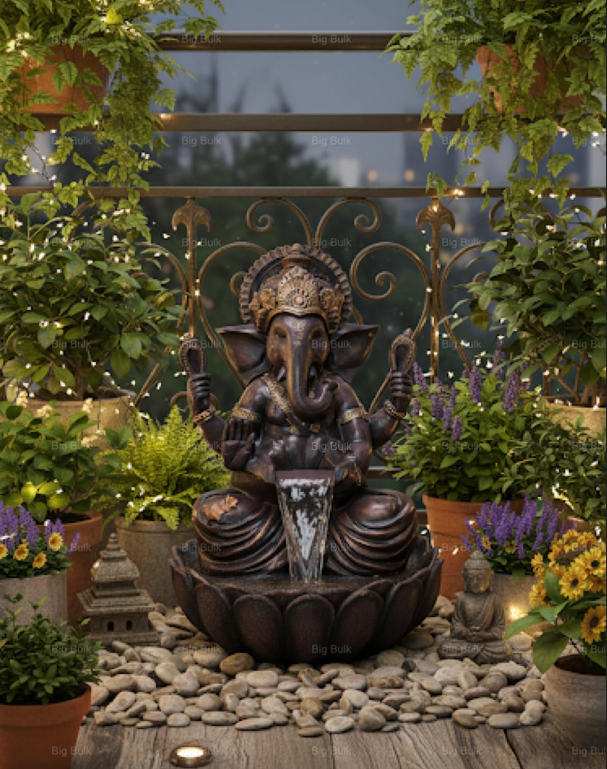 Big Bulk Kamal/Lotus Ganesh Gannpati Fiber Indoor Outdoor Fountain with Led Lights for Home Decor and Office Decoration Or Gifting (Big:Size;: 90 cm X 65 cm X 65 cm) (Lotus Ganesh Big)