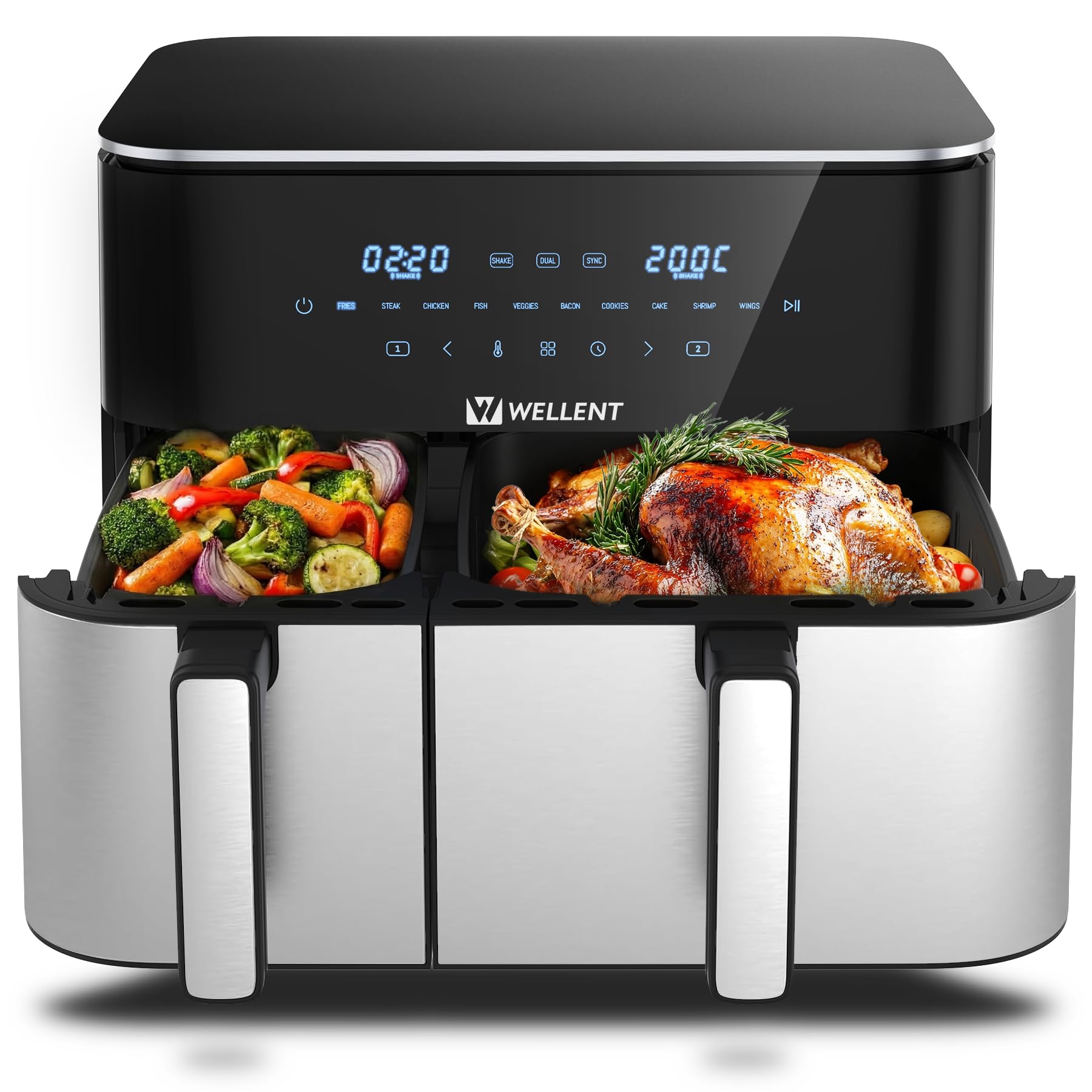 Friggitrice ad Aria 11L con Doppio Cestello (4+7L), Air Fryer XXL 2600W, Doppia Resistenza, 10 Programmi, Cottura Indipendente & Sync, Risultati Croccanti con Poco Olio, Touchscreen Digitale