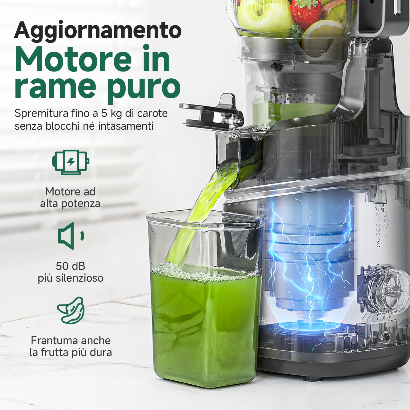 AMZCHEF Estrattore Automatico, Apertura 150MM e Capacità 2L Estrattore Frutta e Verdura Intera, 250W Estrattori di Succhi Professionale con Triplo Filtro - Nero