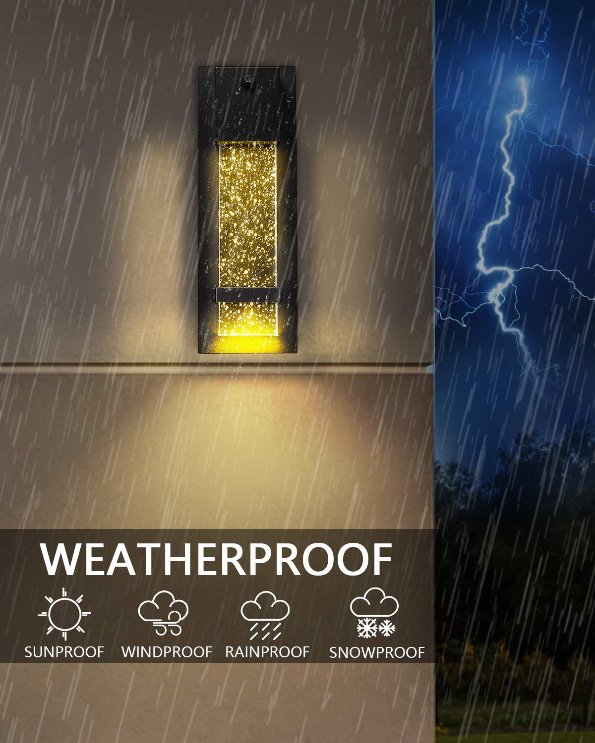 Dusk to Dawn Sensor Outdoor Wall Lamp, HWH Modern LED Exterior Wall Sconce Lantern, Black Finish with Crystal Bubble Glass, 5HW9-B-P BK