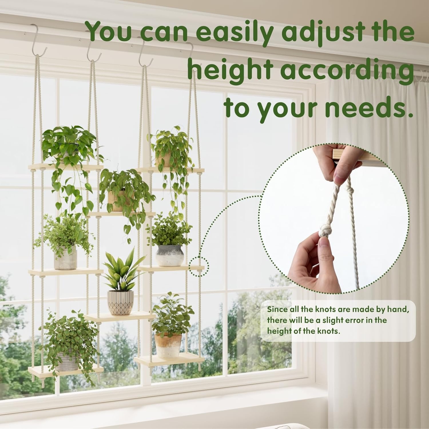 Window Plant Shelves, 8 Tier Window Sill Shelf for Plants, Macrame Hanging Plant Stand Indoor, Plant Hanger Floating Shelves, Window Plants Holder Boho Decor Living Room Bedroom Wall Decor (2 Pack)